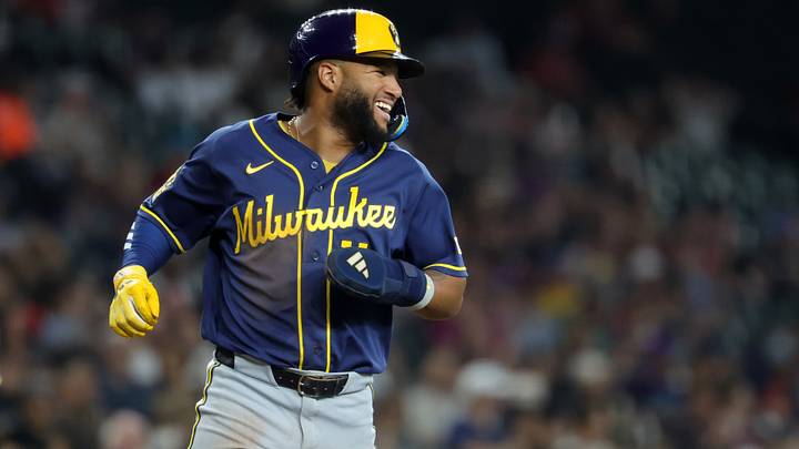 Jul 5, 2026; Phoenix, Arizona, USA; Milwaukee Brewers outfielder Jackson Chourio reacts against the Arizona Diamondbacks at Chase Field. Mandatory Credit: Mark J. Rebilas-Imagn Images