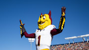 Nov 30, 2024; Tucson, Arizona, USA; Arizona State Sun Devils mascot Sparky during the Territorial Cup at Arizona Stadium. Mandatory Credit: Mark J. Rebilas-Imagn Images