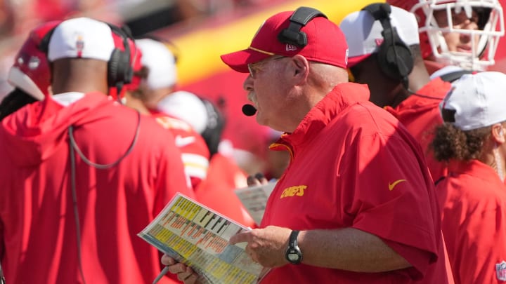 Aug 17, 2024; Kansas City, Missouri, USA; Kansas City Chiefs head coach Andy Reid watches play against the Detroit Lions during the first half at GEHA Field at Arrowhead Stadium. Mandatory Credit: Denny Medley-USA TODAY Sports