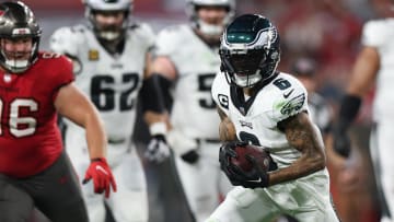 Jan 15, 2024; Tampa, Florida, USA;  Philadelphia Eagles wide receiver DeVonta Smith (6) runs the ball against the Tampa Bay Buccaneers during the first half of a 2024 NFC wild card game at Raymond James Stadium. Mandatory Credit: Nathan Ray Seebeck-USA TODAY Sports