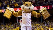 Feb 7, 2015; Minneapolis, MN, USA; Minnesota Gophers mascot Goldie Gopher in the second half against the Purdue Boilermakers at Williams Arena. The Minnesota Gophers beat the Purdue Boilermakers 62-58. Mandatory Credit: Brad Rempel-Imagn Images