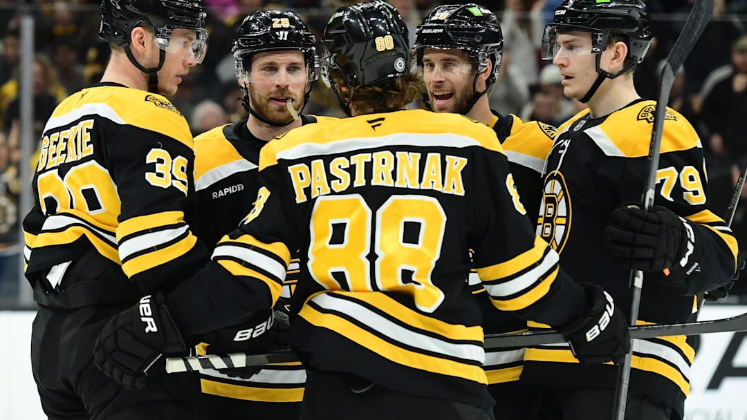 Apr 10, 2025; Boston, Massachusetts, USA; Boston Bruins right wing David Pastrnak (88) celebrates his goal with his teammates during the first period against the Chicago Blackhawks at TD Garden. Mandatory Credit: Bob DeChiara-Imagn Images