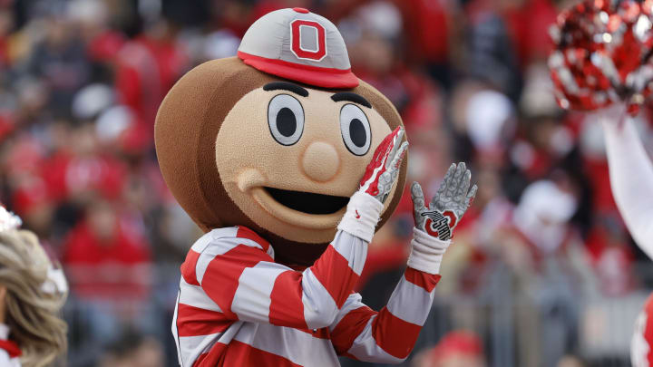 Nov 26, 2022; Columbus, Ohio, USA;  Ohio State Buckeyes mascot Burtus cheer in the second half against the Michigan Wolverines at Ohio Stadium. Mandatory Credit: Rick Osentoski-USA TODAY Sports