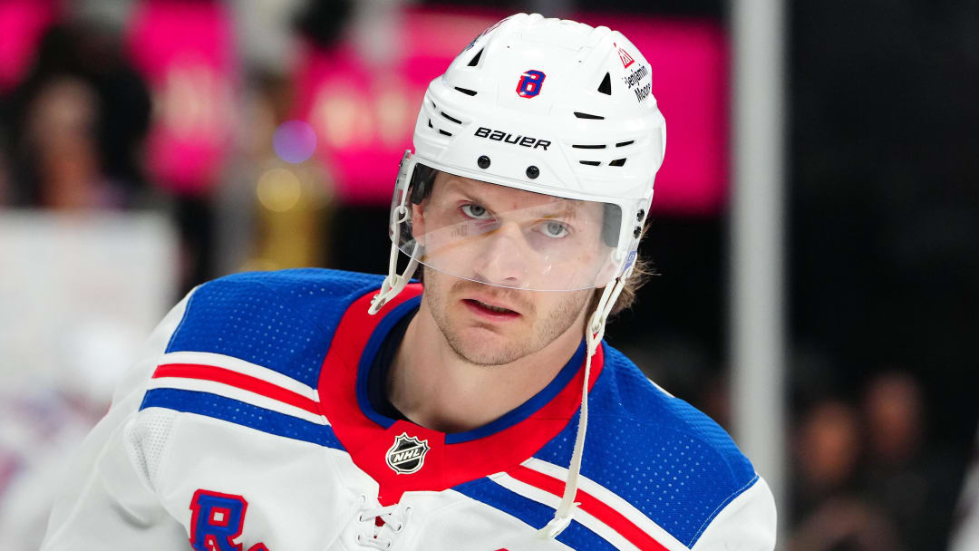 Jan 18, 2024; Las Vegas, Nevada, USA; New York Rangers defenseman Jacob Trouba (8) warms up before a game against the Vegas Golden Knights at T-Mobile Arena. Mandatory Credit: Stephen R. Sylvanie-USA TODAY Sports
