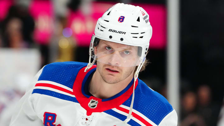 Jan 18, 2024; Las Vegas, Nevada, USA; New York Rangers defenseman Jacob Trouba (8) warms up before a game against the Vegas Golden Knights at T-Mobile Arena. Mandatory Credit: Stephen R. Sylvanie-USA TODAY Sports