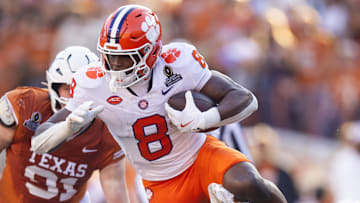 Dec 21, 2024; Austin, Texas, USA; Clemson Tigers wide receiver Adam Randall (8) against the Texas Longhorns during the CFP National playoff first round at Darrell K Royal-Texas Memorial Stadium. Mandatory Credit: Mark J. Rebilas-Imagn Images