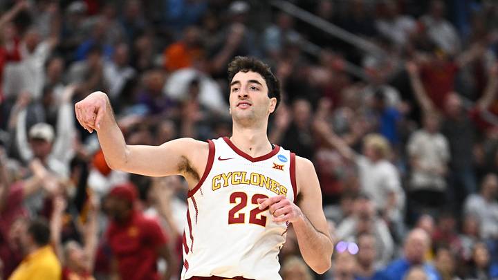 Mar 22, 2026; St. Louis, MO, USA; Iowa State Cyclones forward Milan Momcilovic (22) celebrates after a play during the second half against the Kentucky Wildcats during a second round game of the men's 2026 NCAA Tournament at Enterprise Center. Mandatory Credit: Jeff Le-Imagn Images