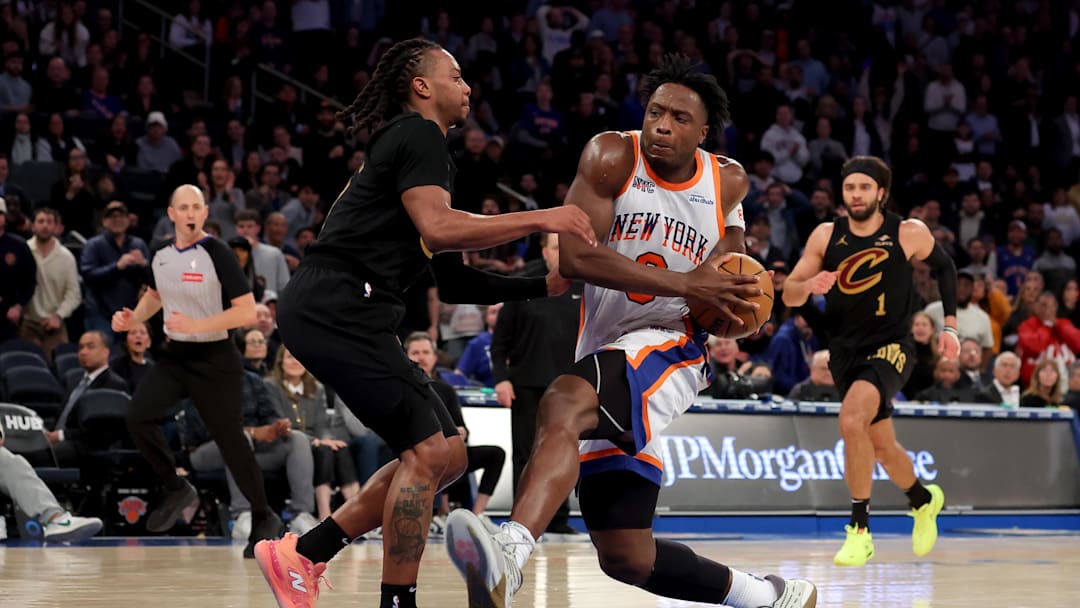 Apr 11, 2025; New York, New York, USA; New York Knicks forward OG Anunoby (8) drives to the basket against Cleveland Cavaliers guard Darius Garland (10) during the fourth quarter at Madison Square Garden. Mandatory Credit: Brad Penner-Imagn Images