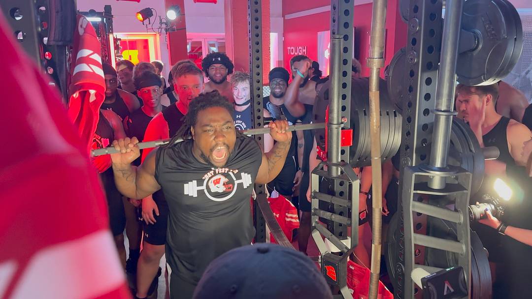 Wisconsin defensive lineman Charles Perkins prepares to squat over 600 pounds during the Badgers' Squat Fest event Friday at Camp Randall Stadium. Wisconsin defensive lineman Charles Perkins prepares to squat over 600 pounds during the Badgers' Squat Fest event Friday at Camp Randall Stadium.