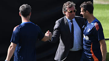 Juventus sporting director Cristiano Giuntoli (center) is undertaking talks with players and manager Thiago Motta (right)