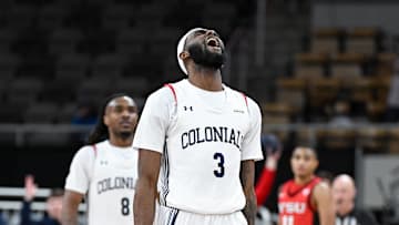 Mar 11, 2025; Indianapolis, IN, USA; Robert Morris Colonials guard Amarion Dickerson (3) celebrates after a play during the second half against the Youngstown State Penguins at Corteva Coliseum. Mandatory Credit: Robert Goddin-Imagn Images