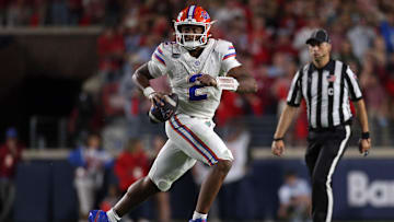 Nov 15, 2025; Oxford, Mississippi, USA; Florida Gators quarterback DJ Lagway (2) looks to pass during the fourth quarter against the Mississippi Rebels at Vaught-Hemingway Stadium. Mandatory Credit: Petre Thomas-Imagn Images