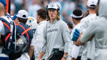 Nov 10, 2024; Jacksonville, Florida, USA; Jacksonville Jaguars quarterback Trevor Lawrence (16) on the sideline against the Minnesota Vikings in the first quarter at EverBank Stadium. Mandatory Credit: Jeremy Reper-Imagn Images