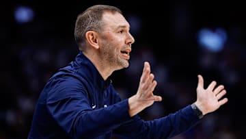 Apr 21, 2025; Denver, Colorado, USA; Denver Nuggets interim head coach David Adelman gestures in the first quarter against the Los Angeles Clippers during game two of first round for the 2025 NBA Playoffs at Ball Arena. Mandatory Credit: Isaiah J. Downing-Imagn Images