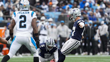 Dec 15, 2024; Charlotte, North Carolina, USA; Dallas Cowboys place kicker Brandon Aubrey (17) kicks a field goal against the Carolina Panthers during the second half at Bank of America Stadium. Mandatory Credit: Jim Dedmon-Imagn Images