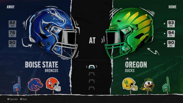 Boise State at Oregon "Play Now" screen from EA Sports College Football.