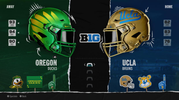 Oregon at UCLA "Play Now" screen from EA Sports College Football.