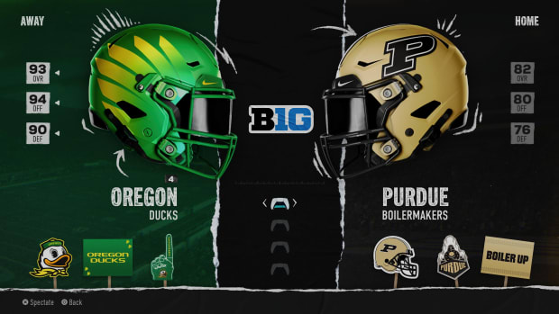 Oregon at Purdue "Play Now" screen from EA Sports College Football.