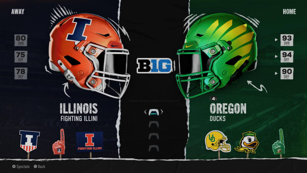 Illinois at Oregon "Play Now" screen from EA Sports College Football.