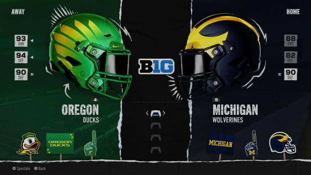 Oregon at Michigan "Play Now" screen from EA Sports College Football.