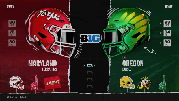 Maryland at Oregon "Play Now" screen from EA Sports College Football.