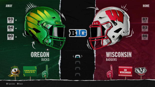 Oregon at Wisconsin "Play Now" screen from EA Sports College Football.