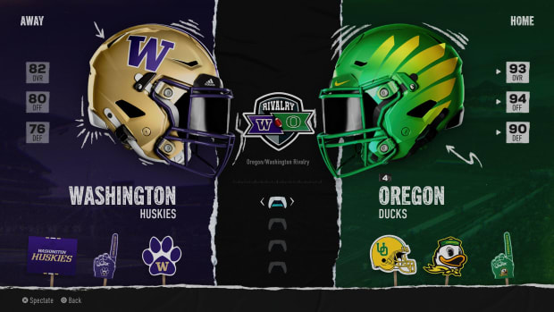 Washington at Oregon "Play Now" screen from EA Sports College Football.