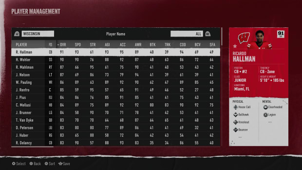 Wisconsin roster screen in EA Sports College Football 25.