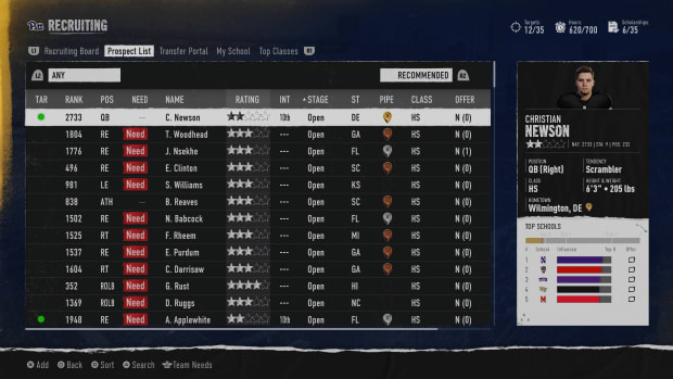 EA Sports CFB 25 recruiting menu showing 'open' status recruits.