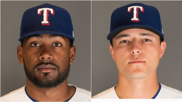 Texas Rangers pitching prospects Kumar Rocker, left, and Jack Leiter are expected to be promoted this week.