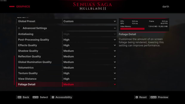 The settings menu for Senua's Saga: Hellblade 2