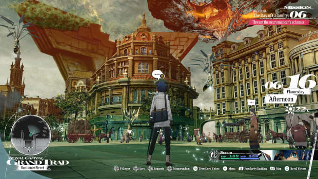 Gameplay screenshot of Metaphor: ReFantazio with the protagonist in The Royal Capital Grand Trad.