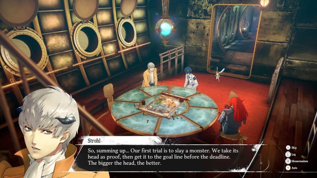 Metaphor: ReFantazio dialogue screenshot featuring the characters gathered around the table with a map on it.