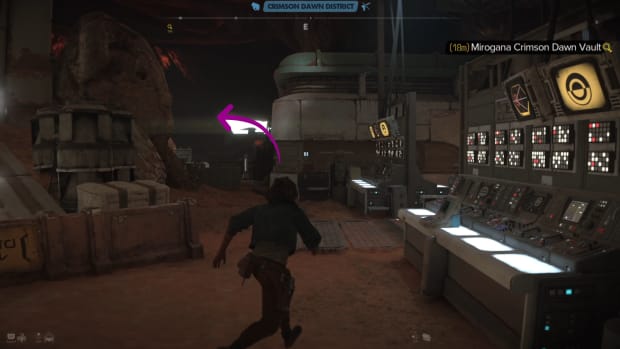 Screenshot of Kay running past computer terminals with a purple arrow pointing to the hidden metal steps.