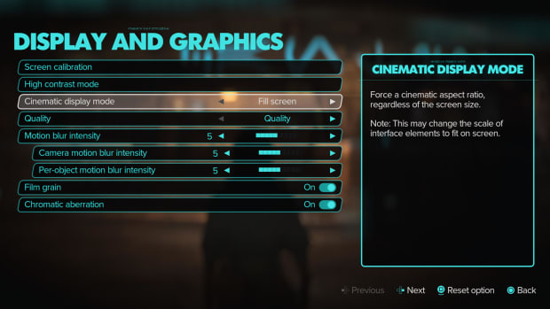 Star Wars Outlaws settings screen with the Fill screen option selected.