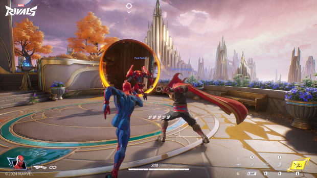 Marvel Rivals screenshot of  a fight between Spider-Man, Doctor Strange and Peni Parker