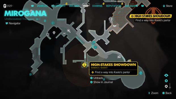 In-game map of Mirogana with High-Stakes Showdown quest highlighted in Star Wars Outlaws.