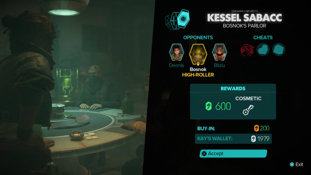 An information screen before the Kessel Sabacc game against Bosnok with details about opponents, rewards, buy-in and cheats.