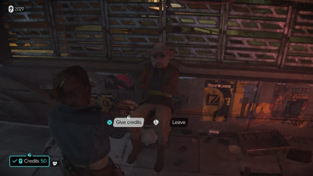 Choice scene in Star Wars Outlaws, with the options to give the technician 50 credits or leave.