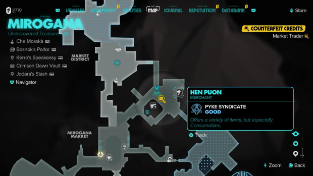 Star Wars Outlaws in-game map showing the location of Hen Puon in Mirogana Market.