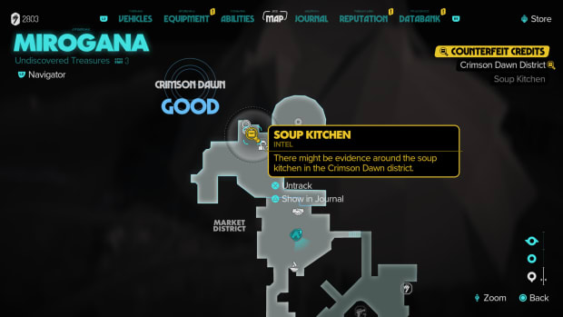 In-game map showing a marker for the soup kitchen's location.