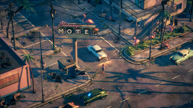 A road junction in front of Flamingo Motel.