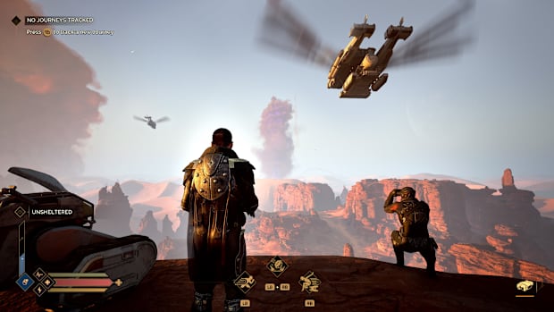 A screenshot featuring two characters looking over a canyon in Dune: Awakening.