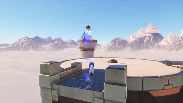 Astro Bot screenshot of the Creamy Canyon lost galaxy, with mountaintops covered in cream in the background.