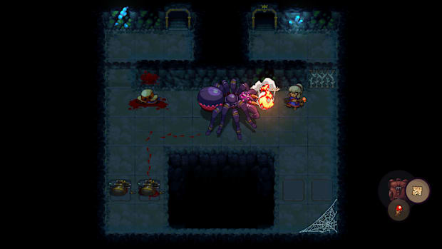 Gameplay screenshot of Dungeons of Dreadlock 2 showing a top-down view of the player fighting a big spider in a dungeon