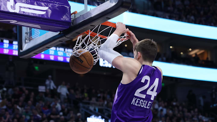 Mar 25, 2024; Salt Lake City, Utah, USA; Utah Jazz center Walker Kessler (24) dunks the ball against the Dallas Mavericks during the fourth quarter at Delta Center. Mandatory Credit: Rob Gray-Imagn Images