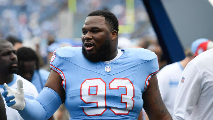 Oct 29, 2023; Nashville, Tennessee, USA;  Tennessee Titans defensive tackle Teair Tart (93) leaves the field during the warmups against the Atlanta Falcons  at Nissan Stadium. Mandatory Credit: Steve Roberts-USA TODAY Sports