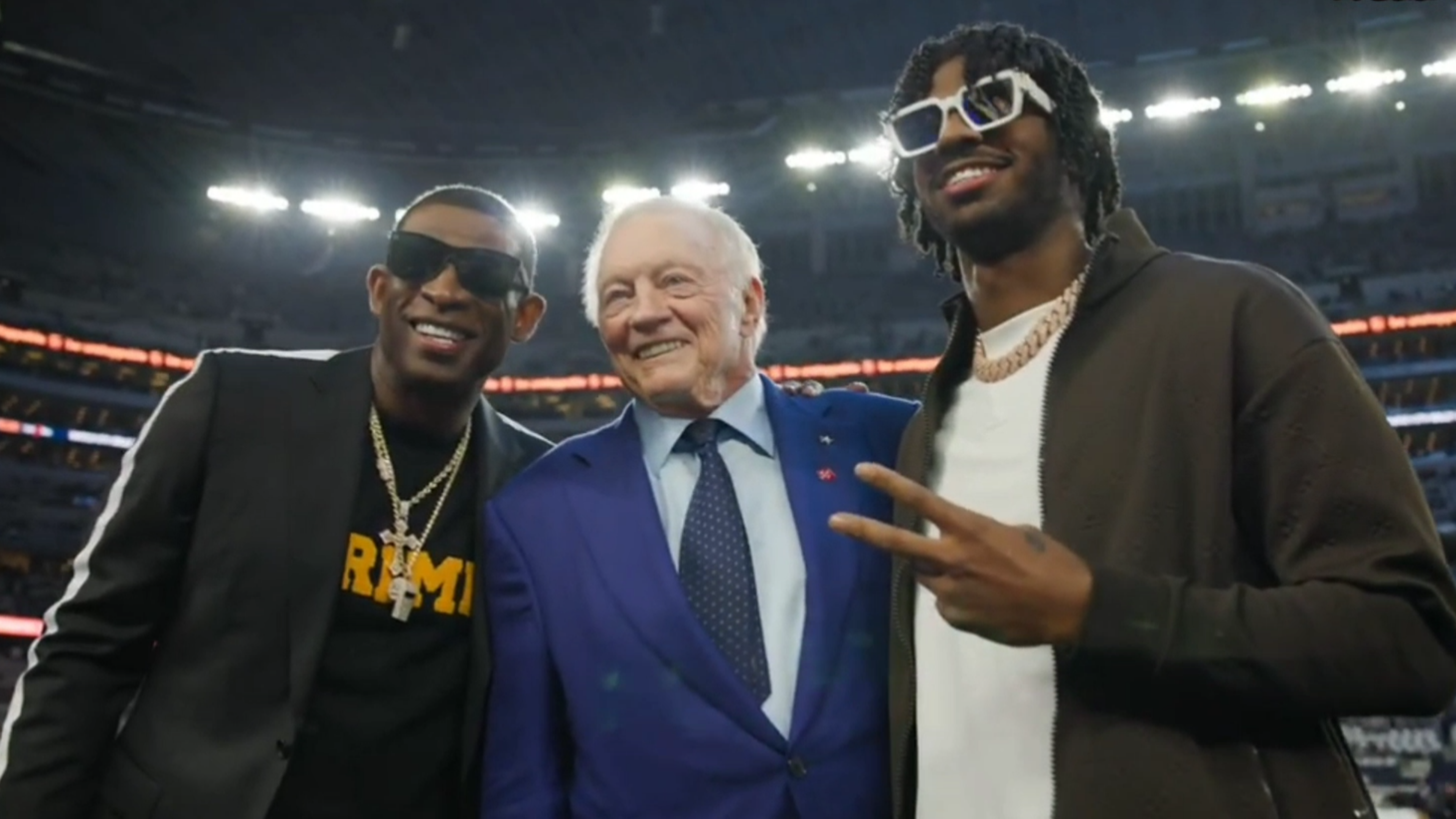 Deion Sanders with Jerry Jones and Shedeur Sanders (Left to Right) 