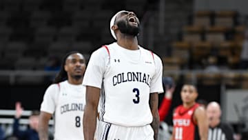 Mar 11, 2025; Indianapolis, IN, USA; Robert Morris Colonials guard Amarion Dickerson (3) celebrates after a play during the second half against the Youngstown State Penguins at Corteva Coliseum. Mandatory Credit: Robert Goddin-Imagn Images