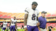 Sep 28, 2025; Kansas City, Missouri, USA; Baltimore Ravens quarterback Lamar Jackson (8) leaves the field after a game against the Kansas City Chiefs at GEHA Field at Arrowhead Stadium. Mandatory Credit: Jay Biggerstaff-Imagn Images